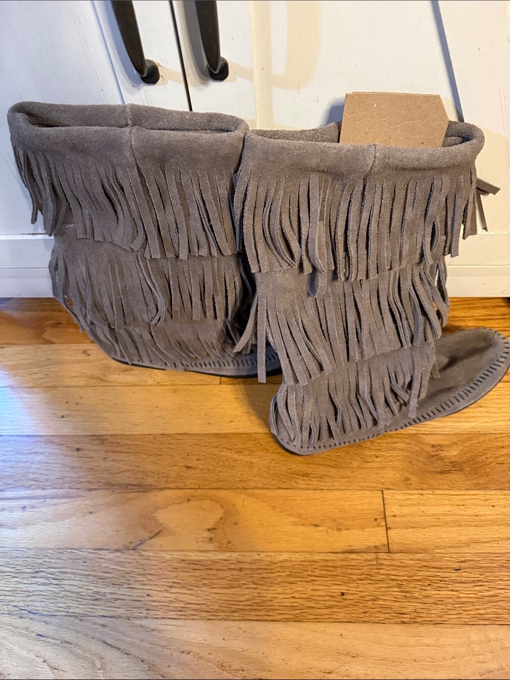 Minnetonka Gray Suede Triple Fringe Moccasin Boots - Picture 3 of 3